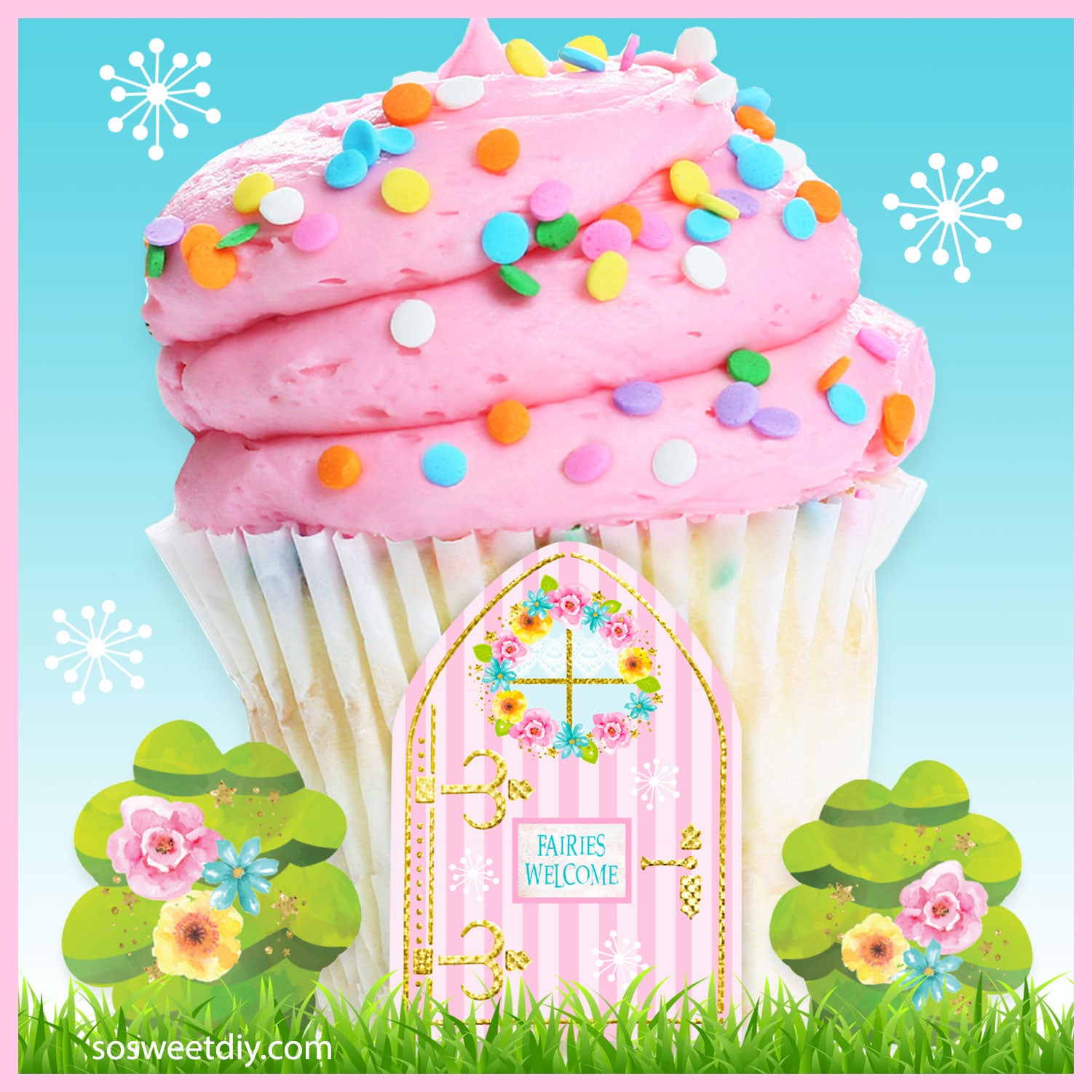 Printable fairy door featured in a fairy cupcake scene.