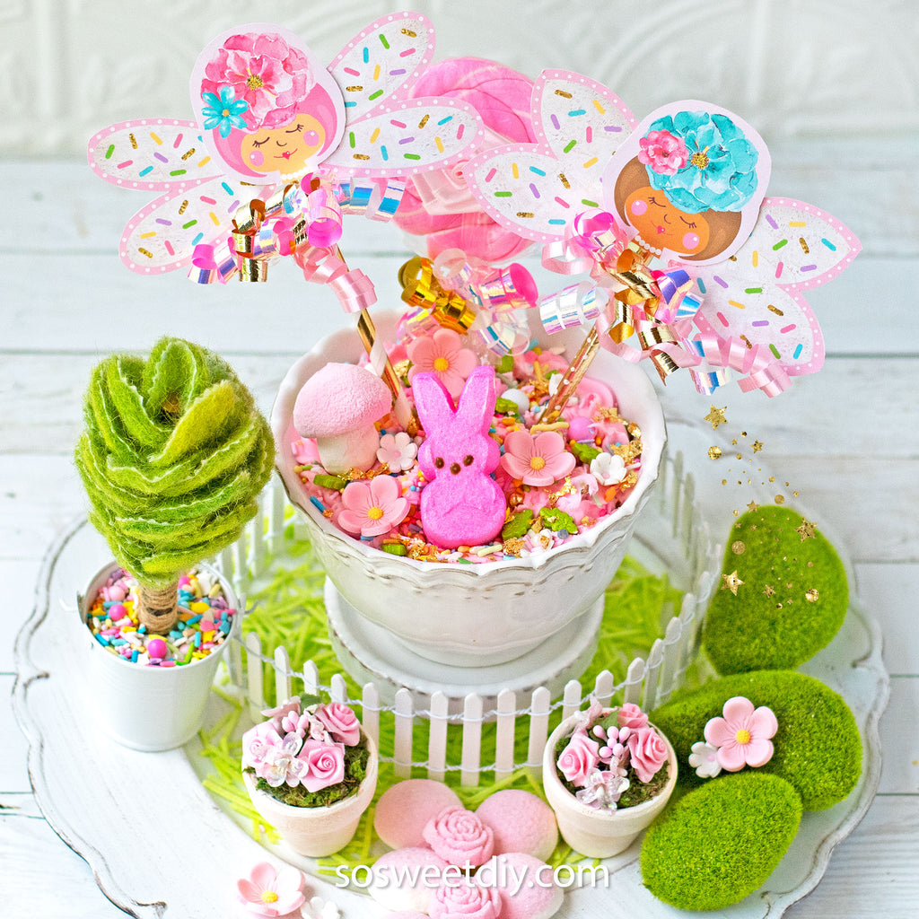 Fairy party treat toppers styled as fairy garden party treats. 