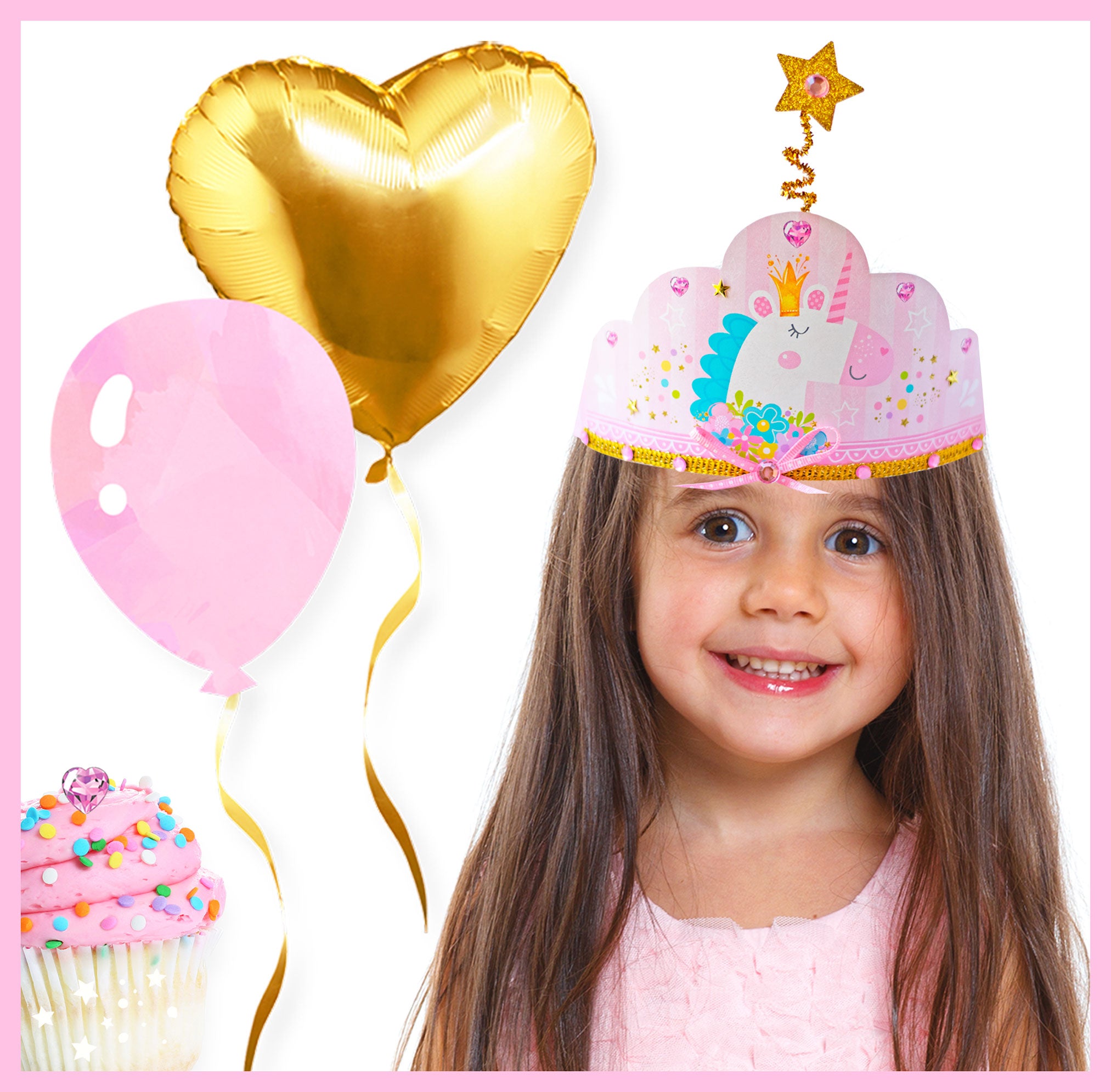 Girl wearing unicorn party crown. Balloons and cupcakes add to the unicorn party fun.