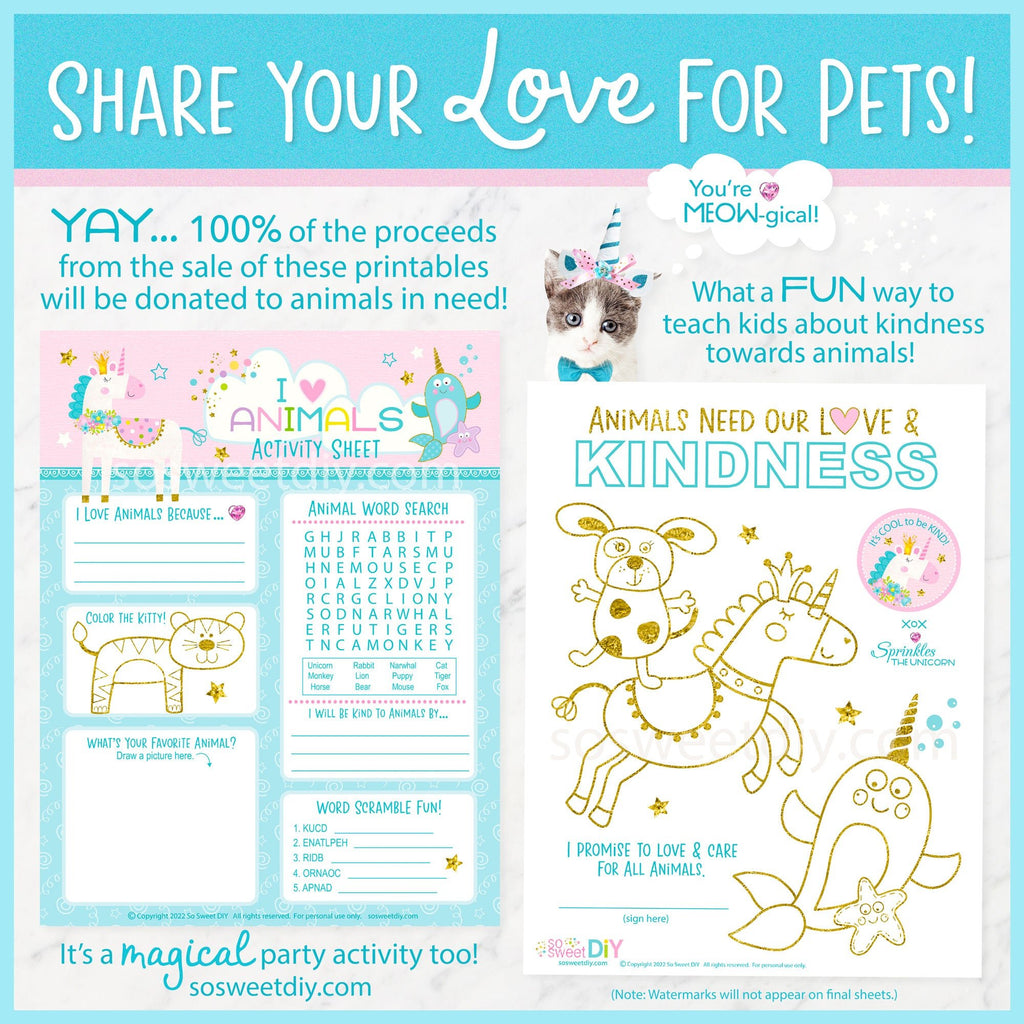 Kids Pet Party Activity Sheets Printable Set