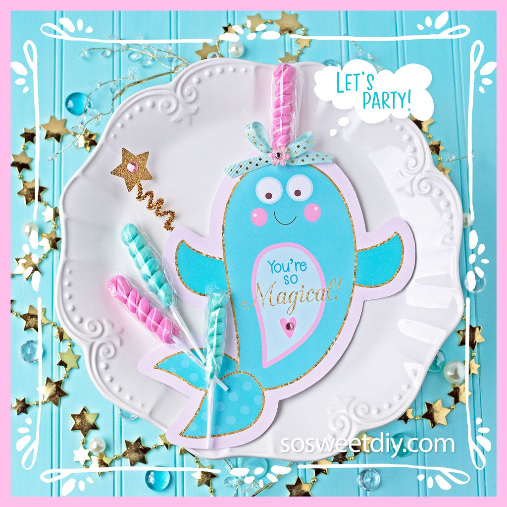 Narwhal  Lollipop Card Party Favors Printable Kit