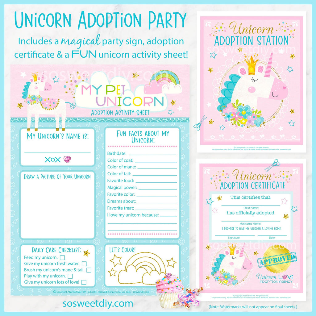 Unicorn Adoption Party Printable Set