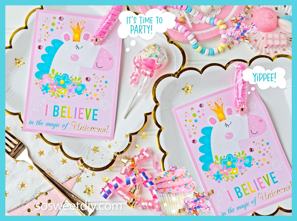 Unicorn Lollipop Cards Party Favors Printable Kit